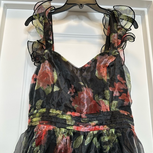 Lulus Befitting Glamour Black Floral Organza Ruffled Tiered Maxi Dress Sz Med - Picture 3 of 13